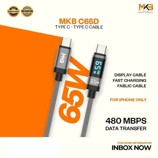 MKB C65D Type C To Type C 65W fast data cable and LED digital display