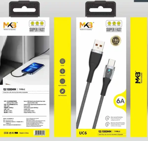MKB UC6-6A High Density Braided Data Cable USB A to TYPE C-30W - Image 2