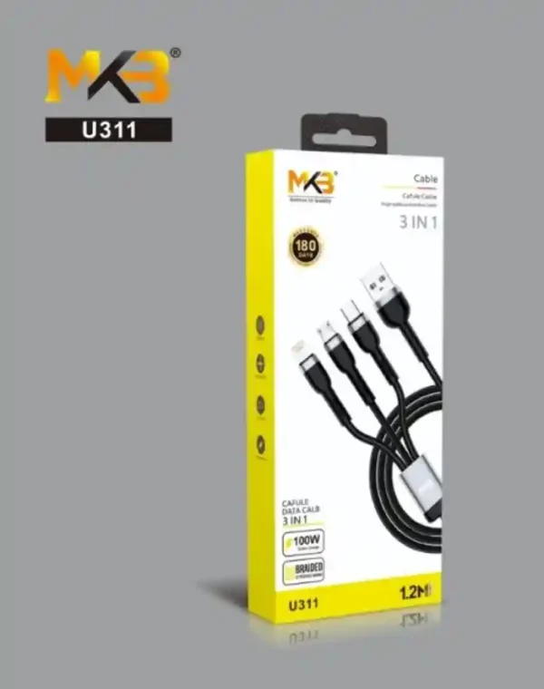 MKB U311 - 3 in 1 USB -LIGHTNING, Type-c, micro ,100W CAFULE DATA CABLE - Image 2