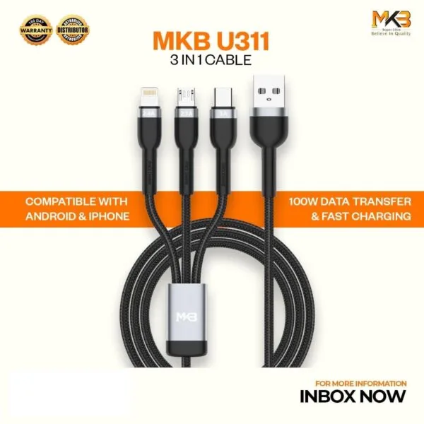 MKB U311 - 3 in 1 USB -LIGHTNING, Type-c, micro ,100W CAFULE DATA CABLE