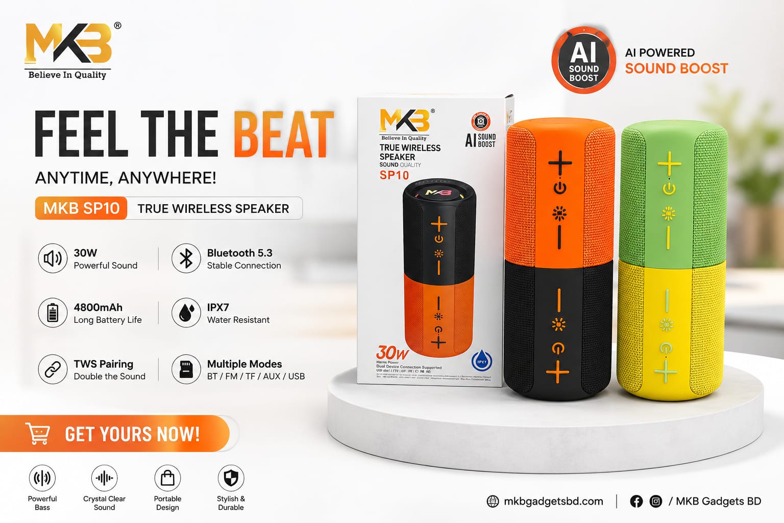MKB SP-10 TRUE WEARLESS 2 IN 1 SPEAKER. ONE SPEAKER, TWO EXPERIENCES
