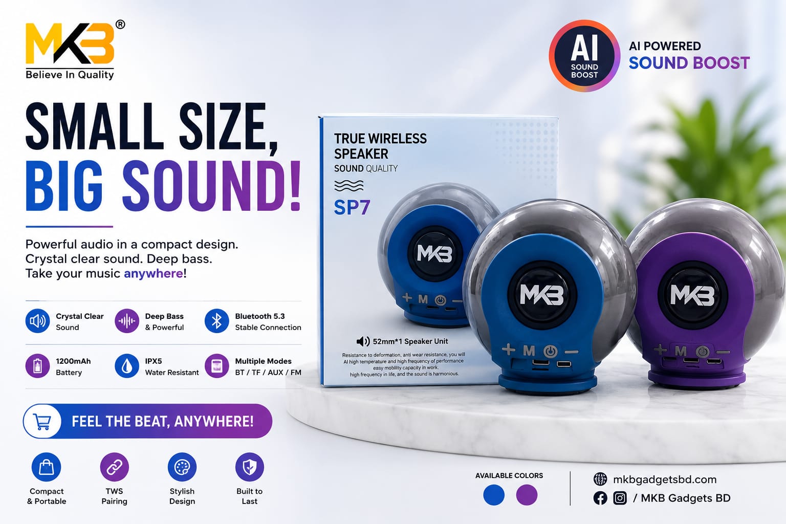 SP-7 TRUE WIRELESS SPEAKER. IPx5 SPLASH PRROF