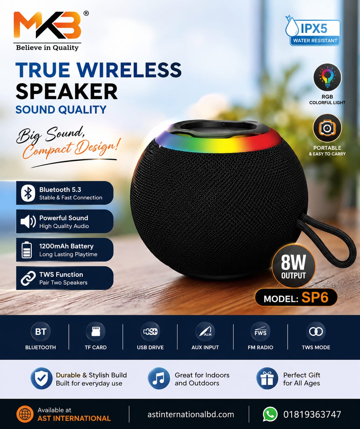 SP-6 TRUE WIRELESS SPEAKER. IPx5 SPLASH PRROF